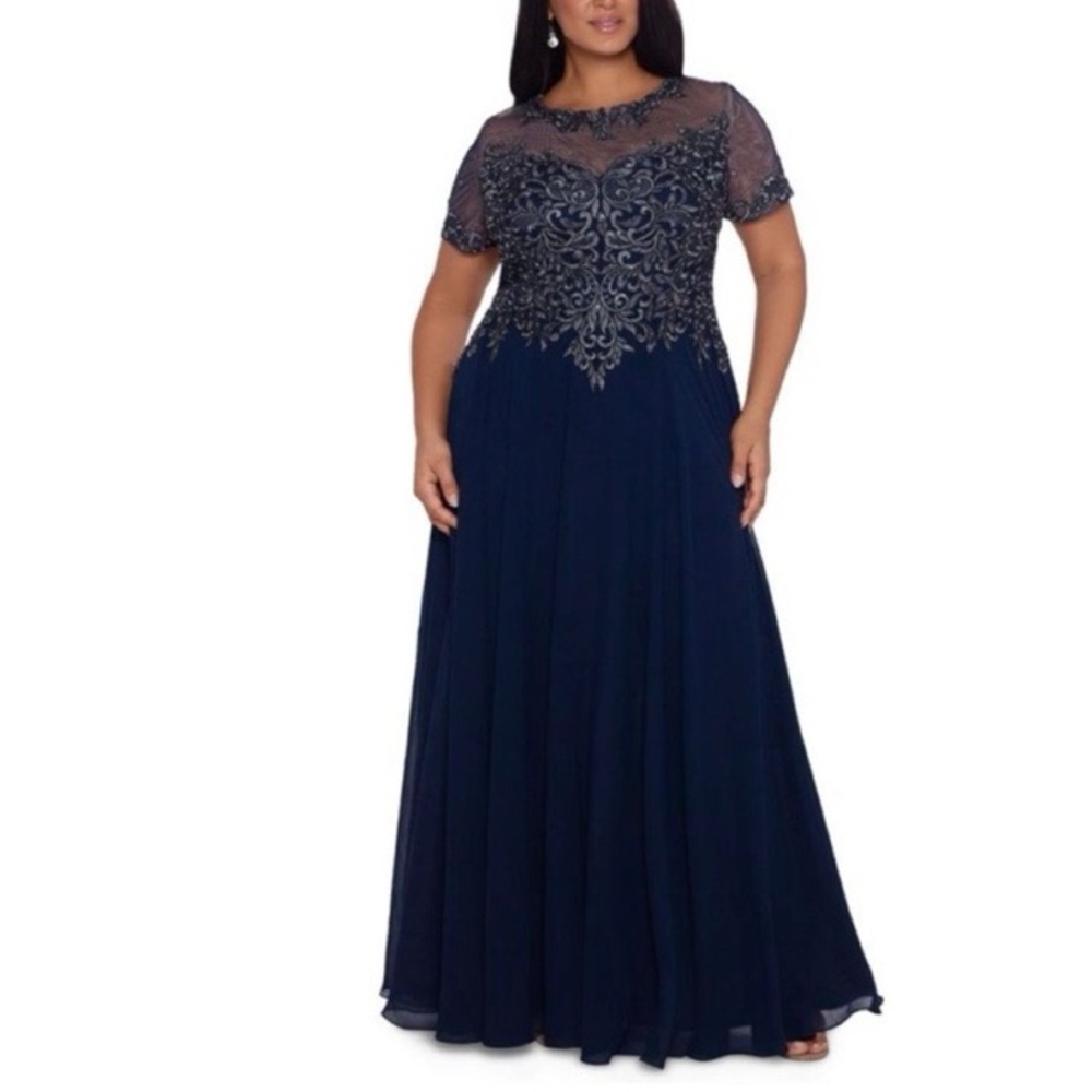 Xscape Embellished‎ Embroiderd Illusion-Top Formal Gown In Navy